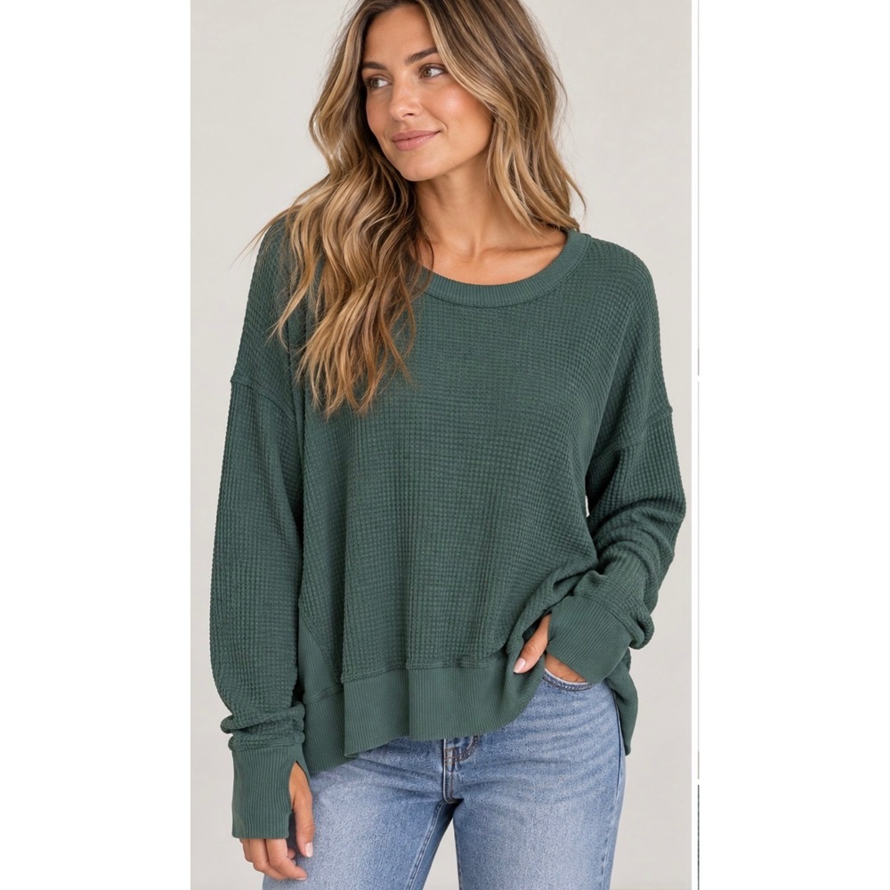 OFFLINE by Aerie Womens Size S Green Waffle Knit Oversized Long Sleeve Shirt Top